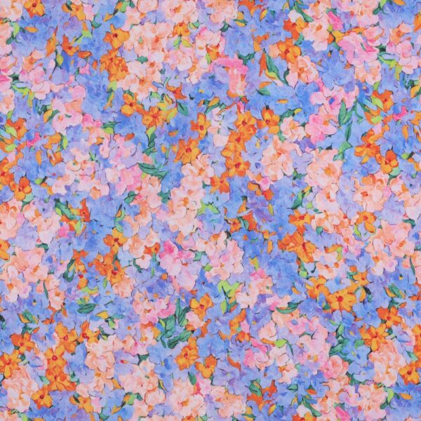 Viskossatin Monets blommor blålila/orange fg 1