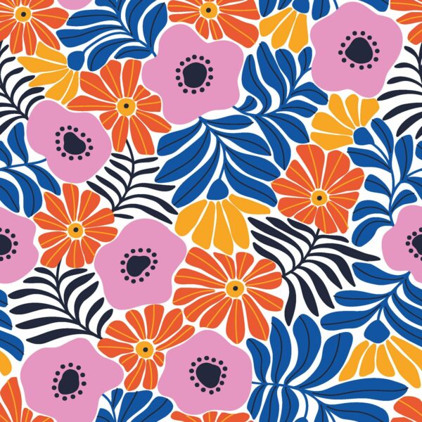 Bomullstyg Blomfest orange/blå fg 5